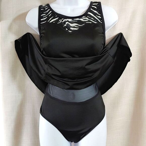 Shore Shapes Black White Swimdress Shelf Bra Tummy Control Womens 12 Large EUC - Picture 6 of 12